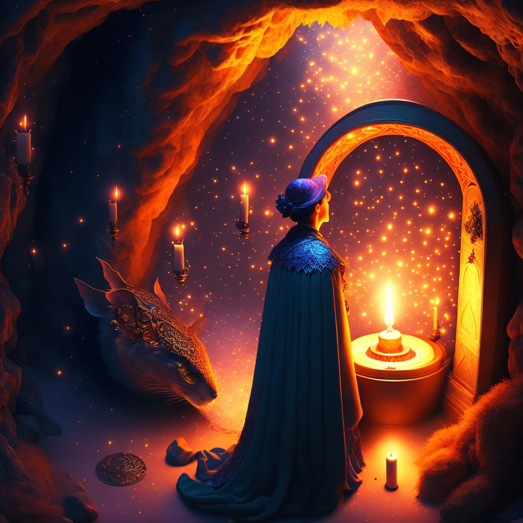 Cloaked figure in candlelit cave with magical portal and ornate peacock