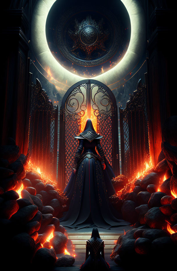 Mysterious cloaked figure in mystical hall with ornate door and glowing ring