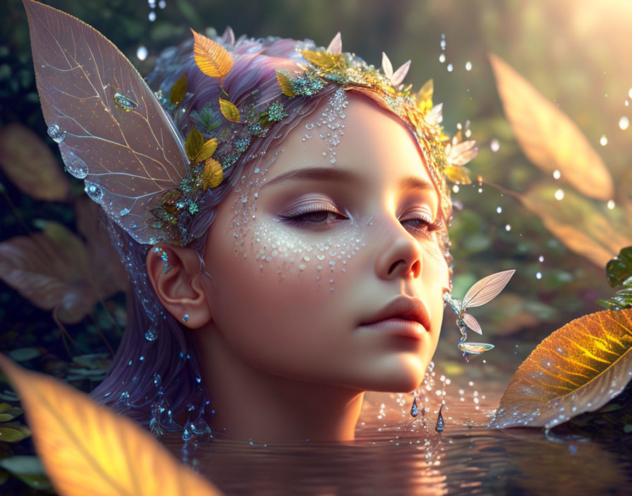 Fantasy female character with translucent wings and crown of leaves in sunlit setting