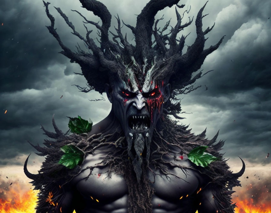 Majestic fantasy creature with tree crown, red eyes, horns, in stormy backdrop with fire