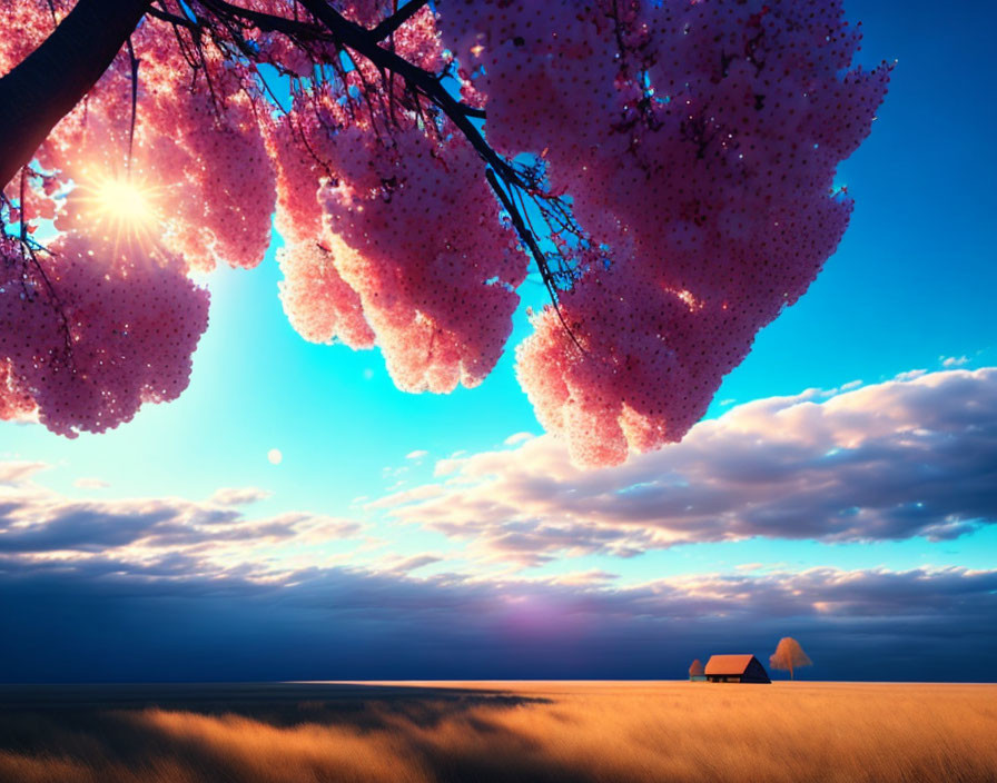 Pink Cherry Tree Branches Surround Serene Sunrise Scene
