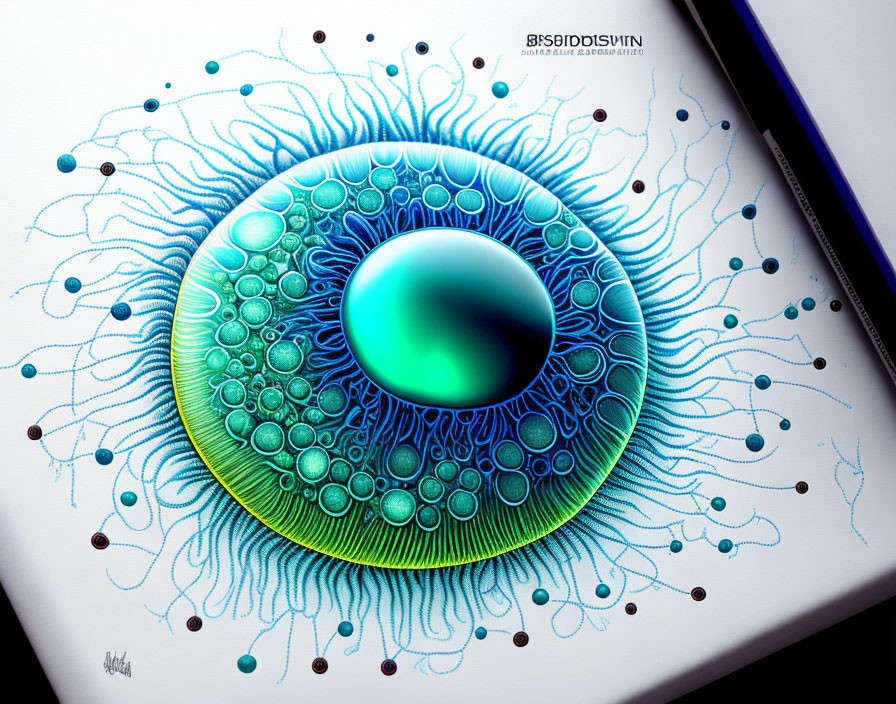 Colorful stylized cell or eye drawing with blue and green hues on white surface with pencil