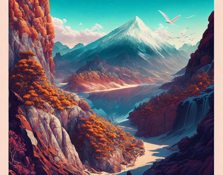 Digital Art: Vibrant Landscape with Orange Foliage, Snowy Mountain, Waterfalls, River