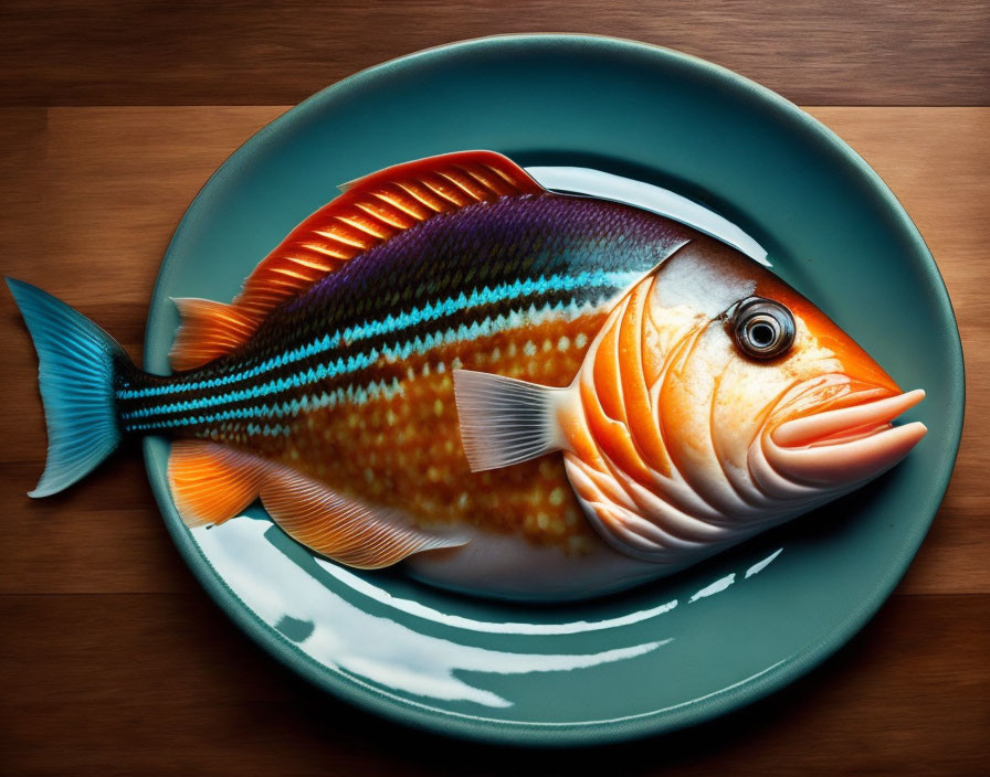 Colorful Fish Cake on Ocean Wave Plate and Wooden Table