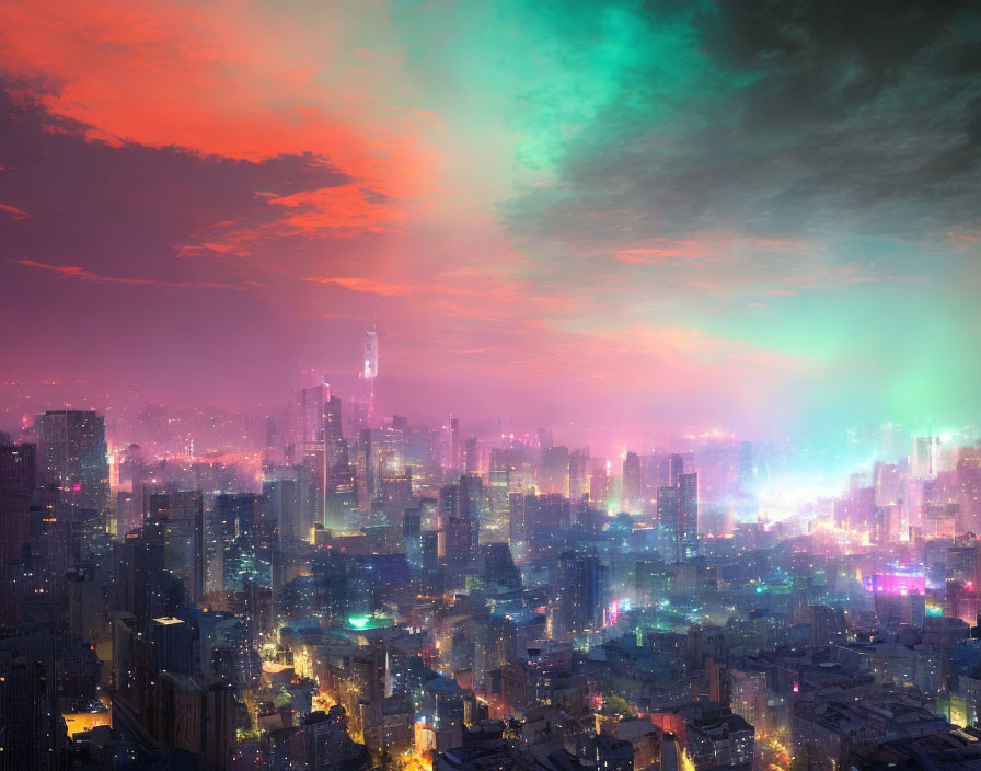 Futuristic cityscape with neon lights and colorful sky at dusk