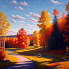 Scenic autumn landscape with winding road and vibrant trees