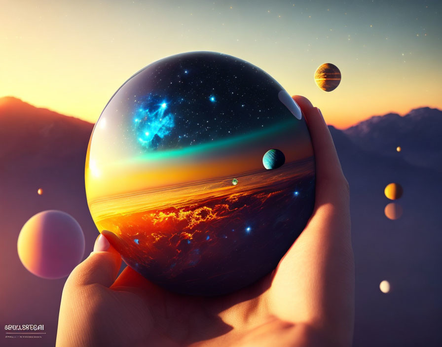 Reflective sphere capturing sunset landscape with cosmic bodies in starry sky