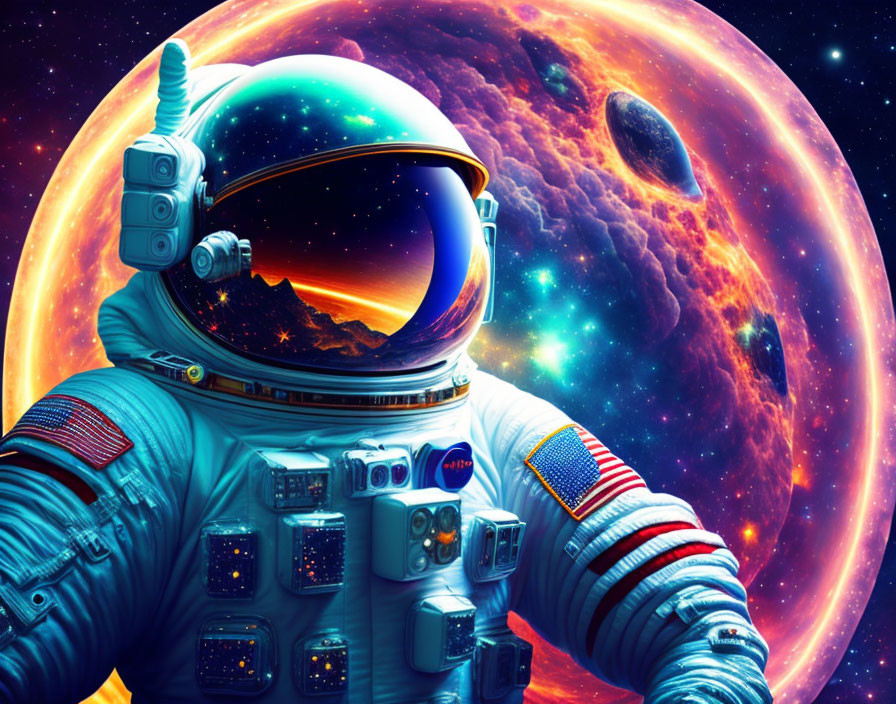 Astronaut in detailed space suit with cosmic backdrop and large planet.