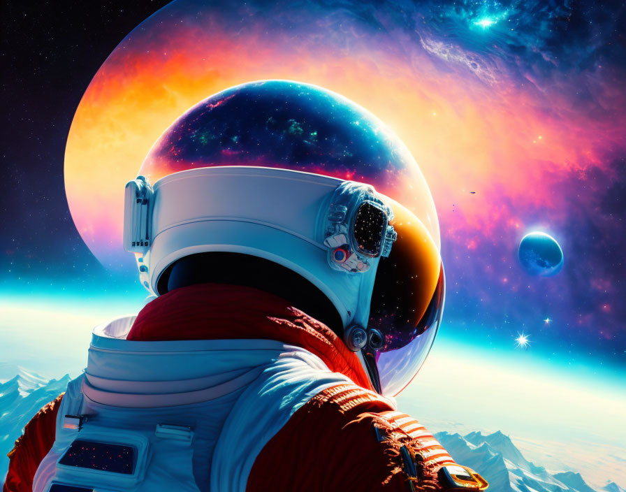 Astronaut in space suit against surreal cosmic backdrop with nebulae, planets, and starry