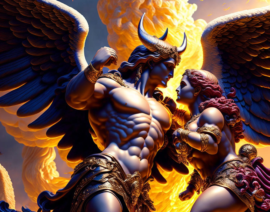 Mythological figures with angelic wings in classical armor against fiery backdrop