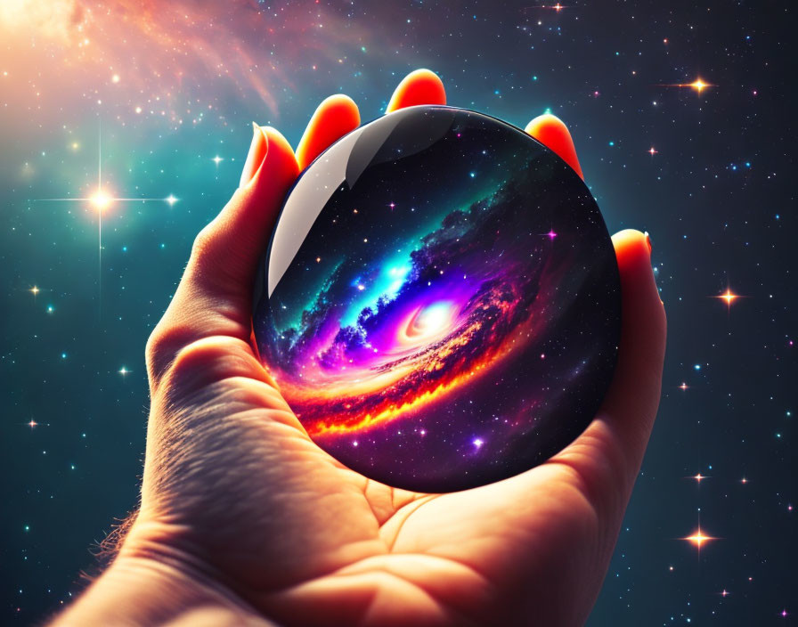 Crystal ball held by hand reflects vibrant galaxy against cosmic backdrop