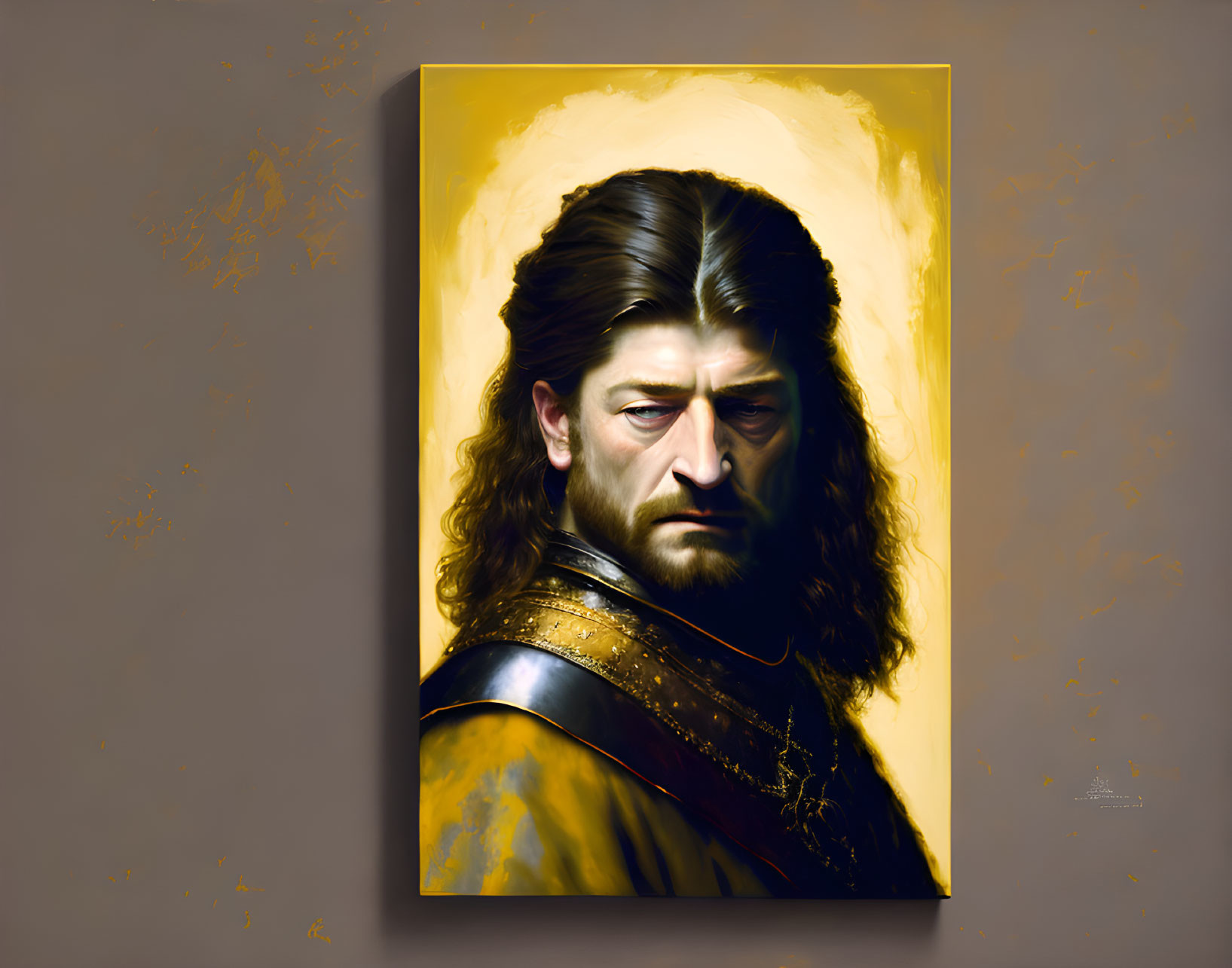 Medieval armor-clad man with long hair and beard portrait on golden backdrop