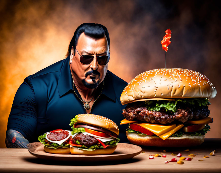 Muscular man with sunglasses and tattoos next to a detailed hamburger illustration