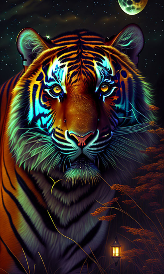 Colorful Tiger Artwork with Night Sky and Lantern
