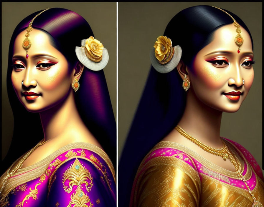 Detailed Illustration: Woman in Traditional Indian Attire with Gold Jewelry
