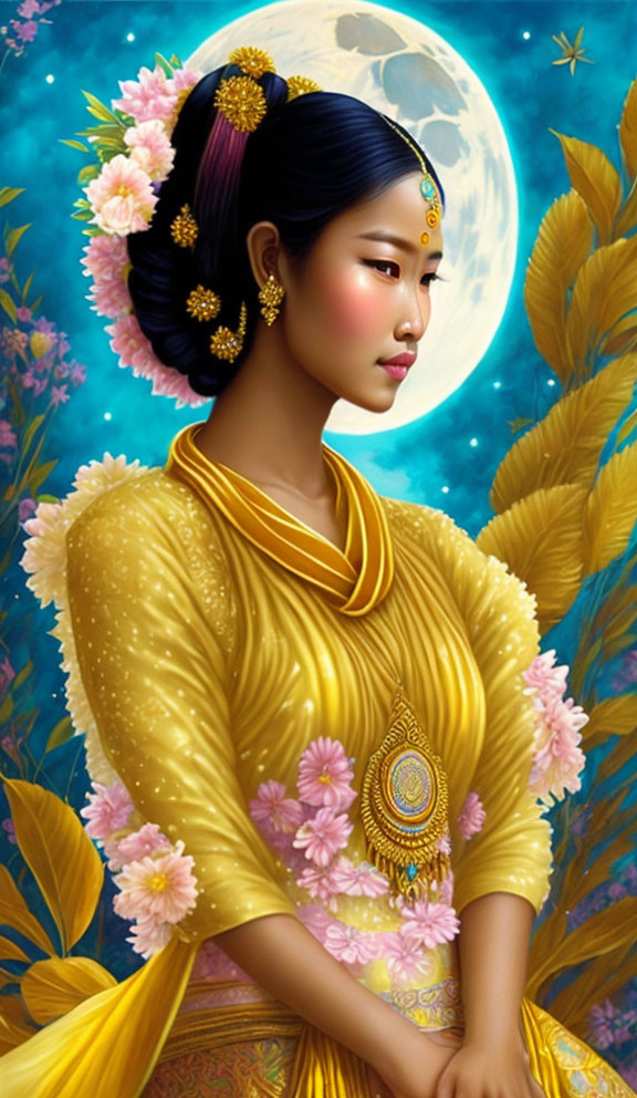 Traditional Yellow Attire Woman Illustration with Full Moon and Floral Elements