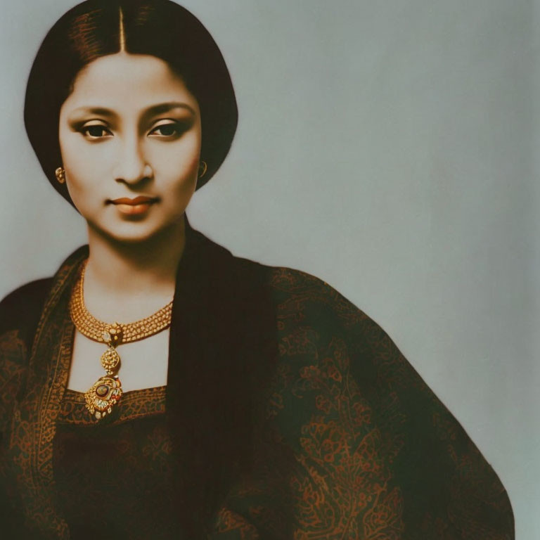Traditional Indian Attire Woman in Black Blouse and Gold Necklace