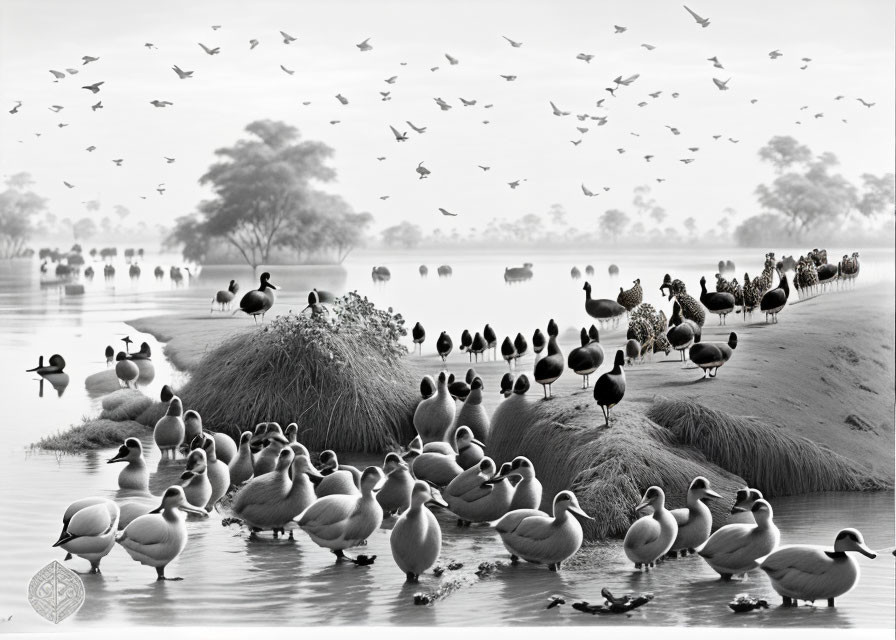 Monochrome lakescape with ducks and flying birds