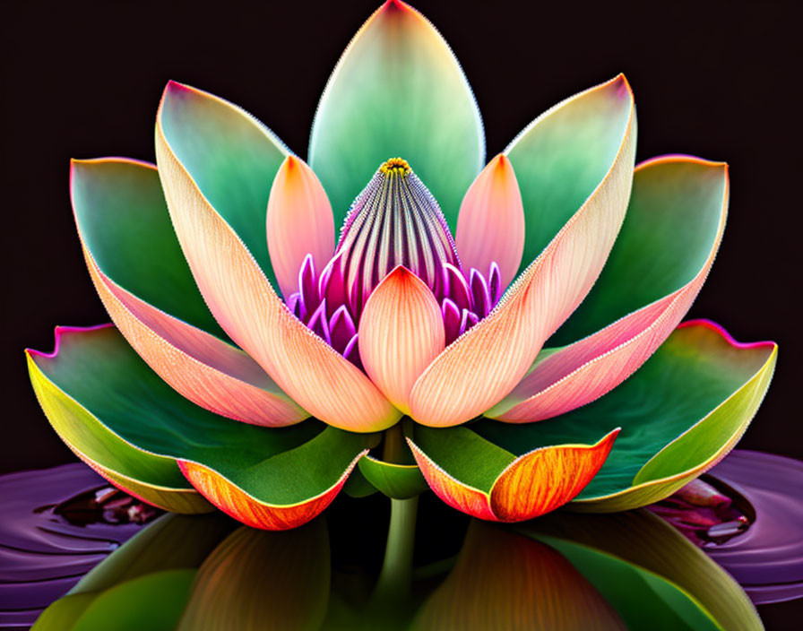 Colorful Lotus Flower with Green to Pink Petals and Purple Center