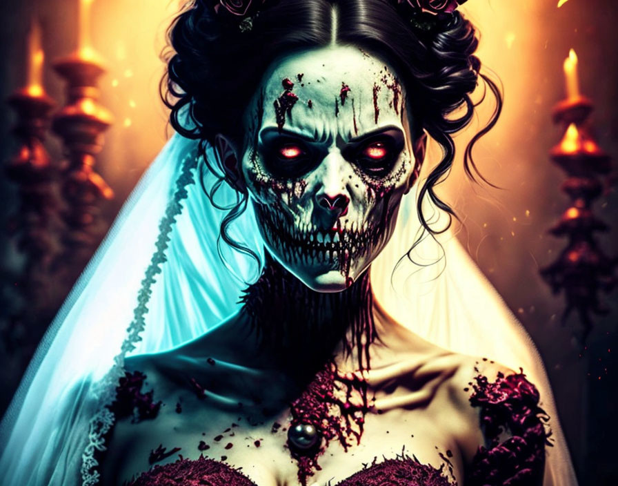 Spooky skeletal bride with dark eye sockets and candles