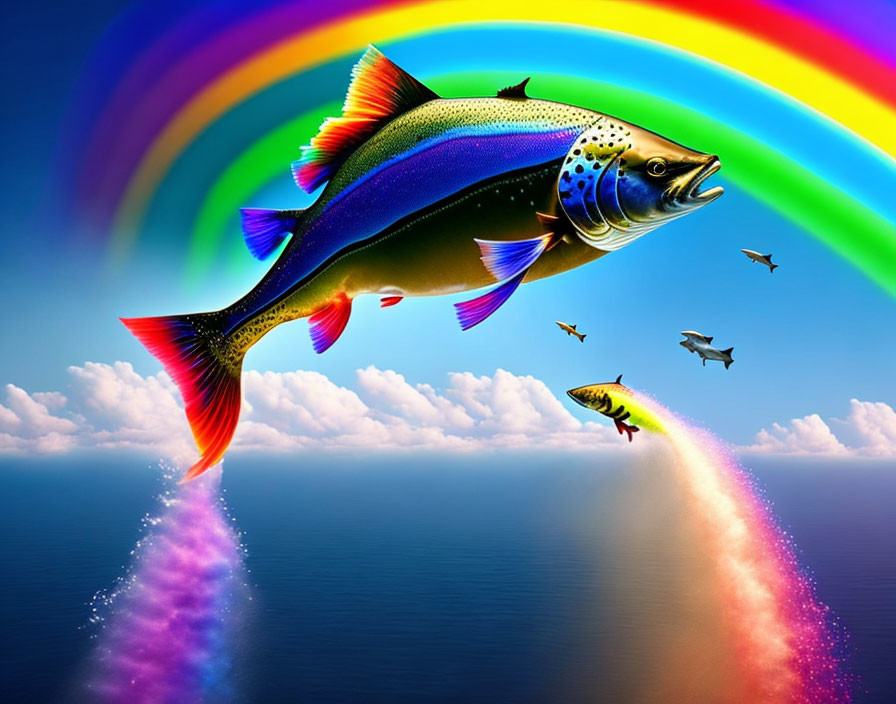 Colorful fish leaping under rainbow in sky over calm sea