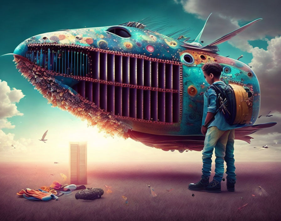 Boy with backpack gazes at giant fish-like airship in colorful sky