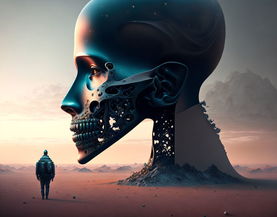 Desert scene featuring colossal fragmented mechanical head with intricate gears