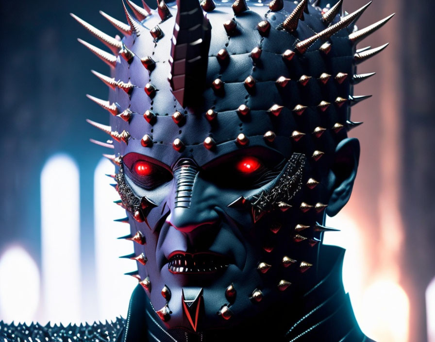 Elaborate Costume with Spiked Headgear and Red Glowing Eyes