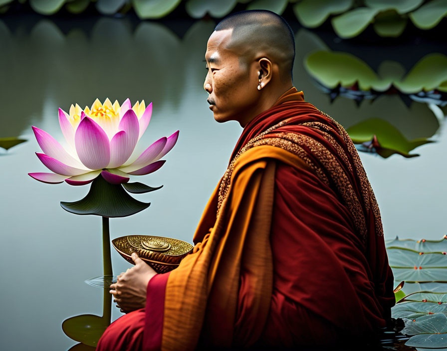 Bald person in saffron robe meditates by lotus pond