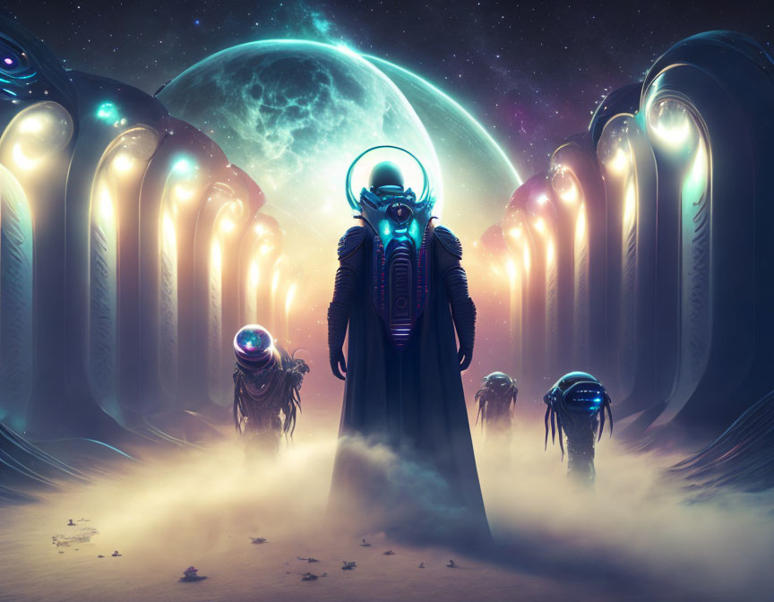 Futuristic space figure with jellyfish-like creatures and moon in glowing background