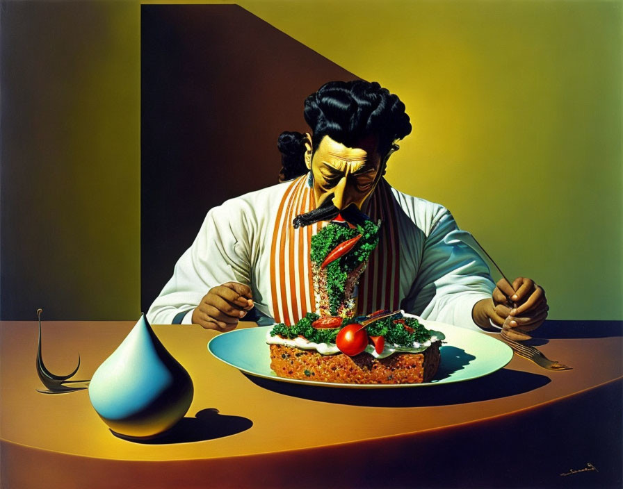 Surreal painting featuring person with elaborate hair and towering sandwich in stylized room