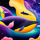 Whales, Shark, and Cosmic Space Illustration with Stars and Nebulae