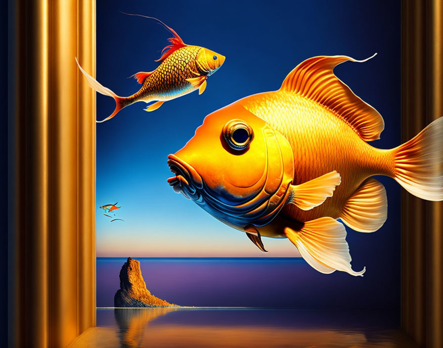 Oversized fish in room with golden frames and ocean view.