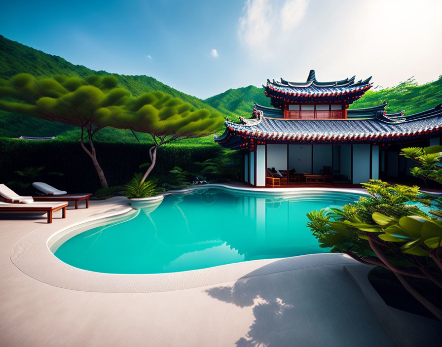 Tranquil pool and Asian-style building amidst lush greenery