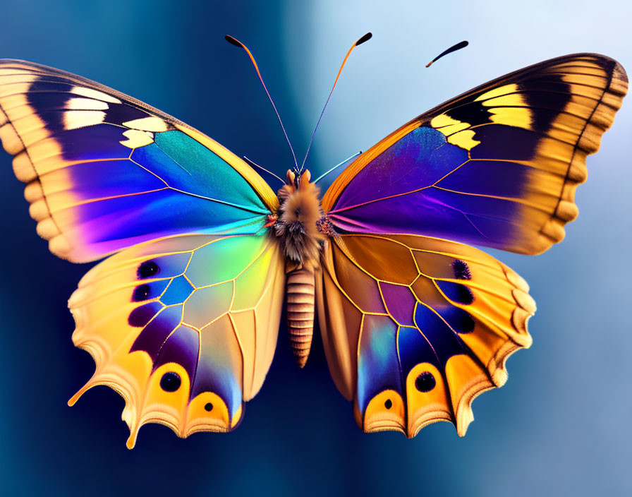 Colorful Butterfly with Spread Multicolored Wings on Soft Blue Background