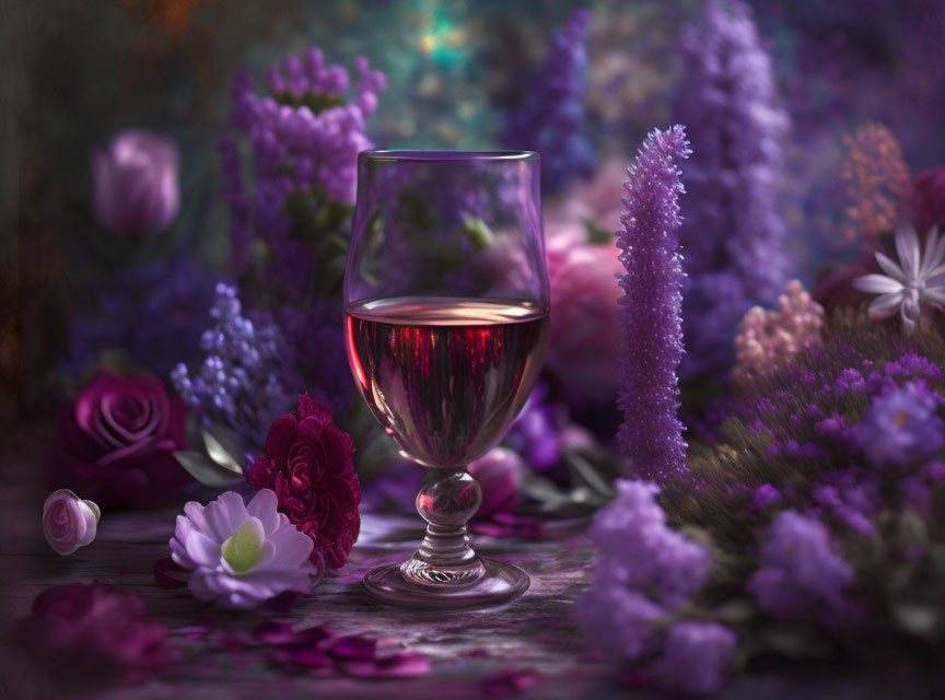 Purple and Pink Flowers Surround Wine Glass in Moody Setting