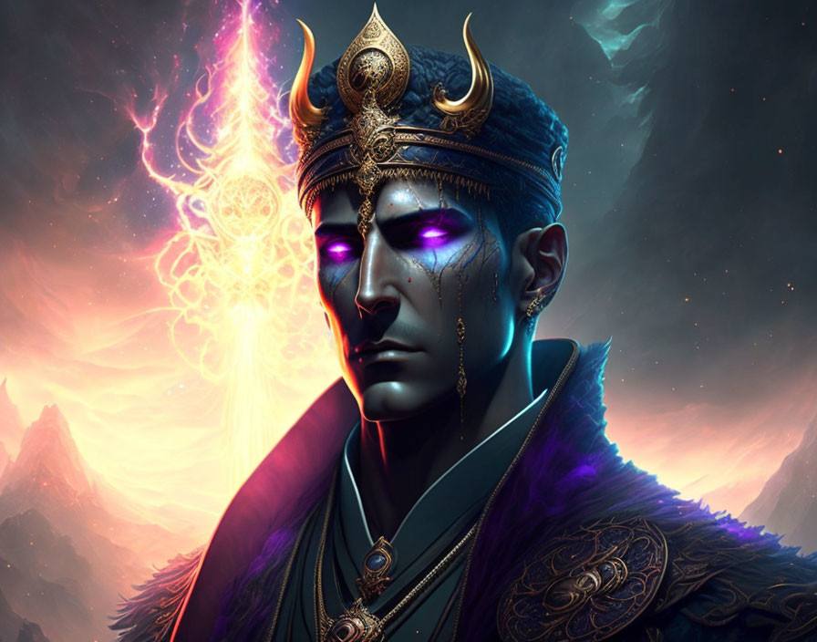 Regal figure with glowing purple eyes in royal attire against mystical mountain backdrop