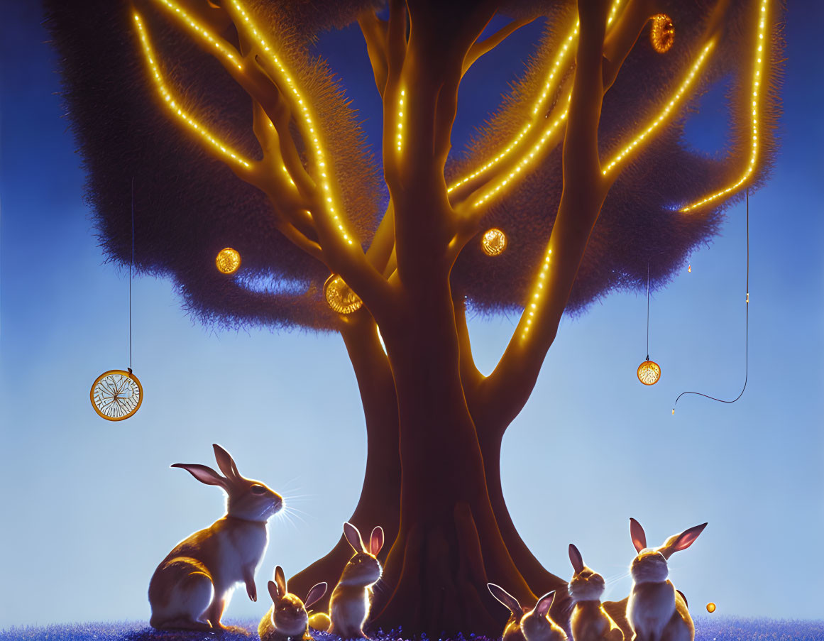 Enchanting scene: Glowing tree with golden lights, dreamcatchers, and curious rabbits under