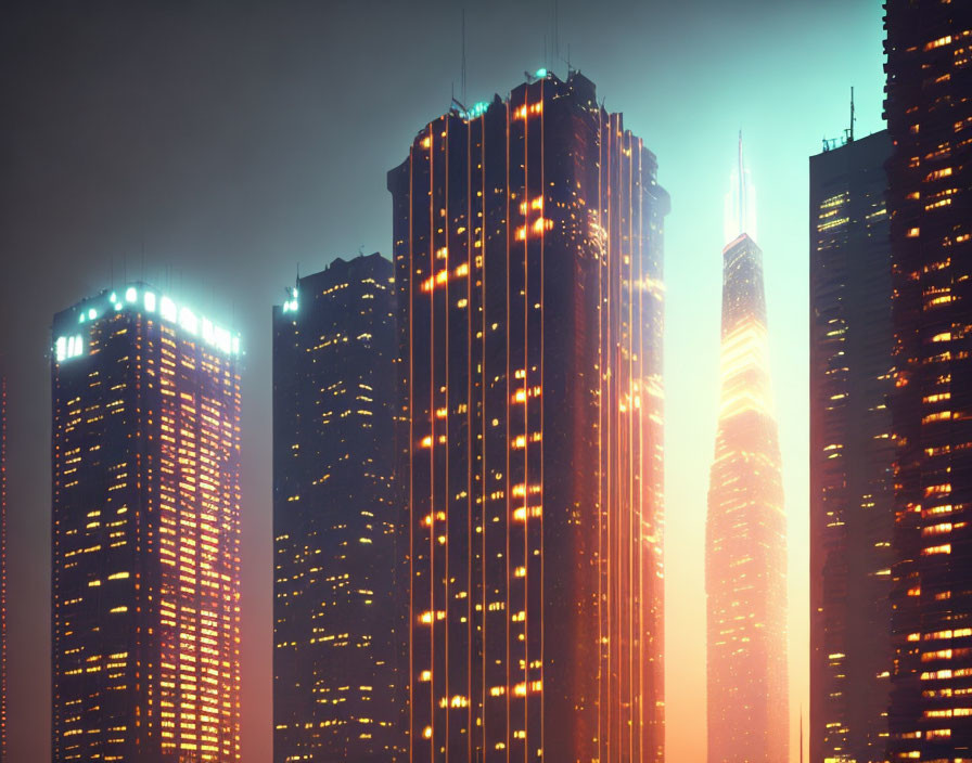 City skyline with illuminated skyscrapers at dusk in warm light against hazy orange sky