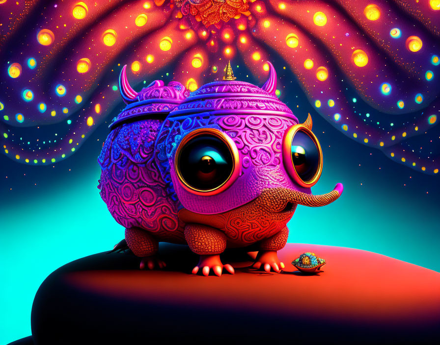 Colorful illustration of purple creature with big eyes in cosmic setting