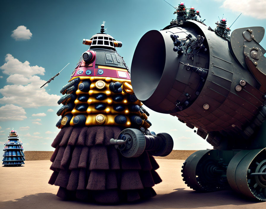 Colorful Daleks on desert landscape with dramatic clouds and tank-like tread.