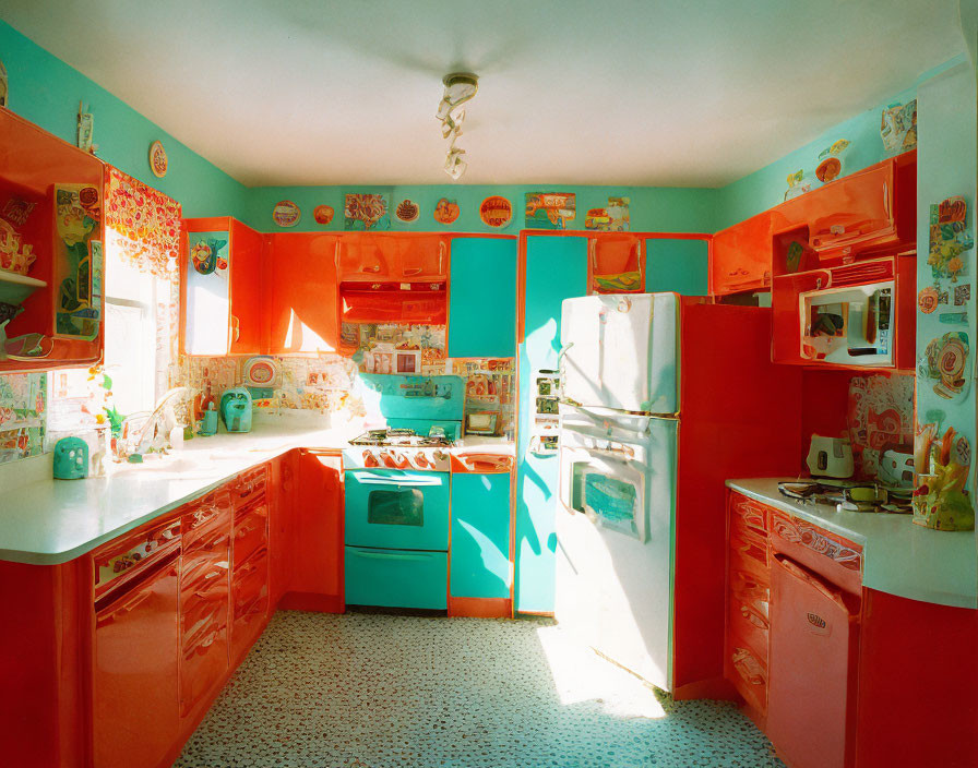 Brightly Lit Vintage Kitchen with Teal and Red Cabinets, Patterned Wallpaper, and Terrazzo Flooring