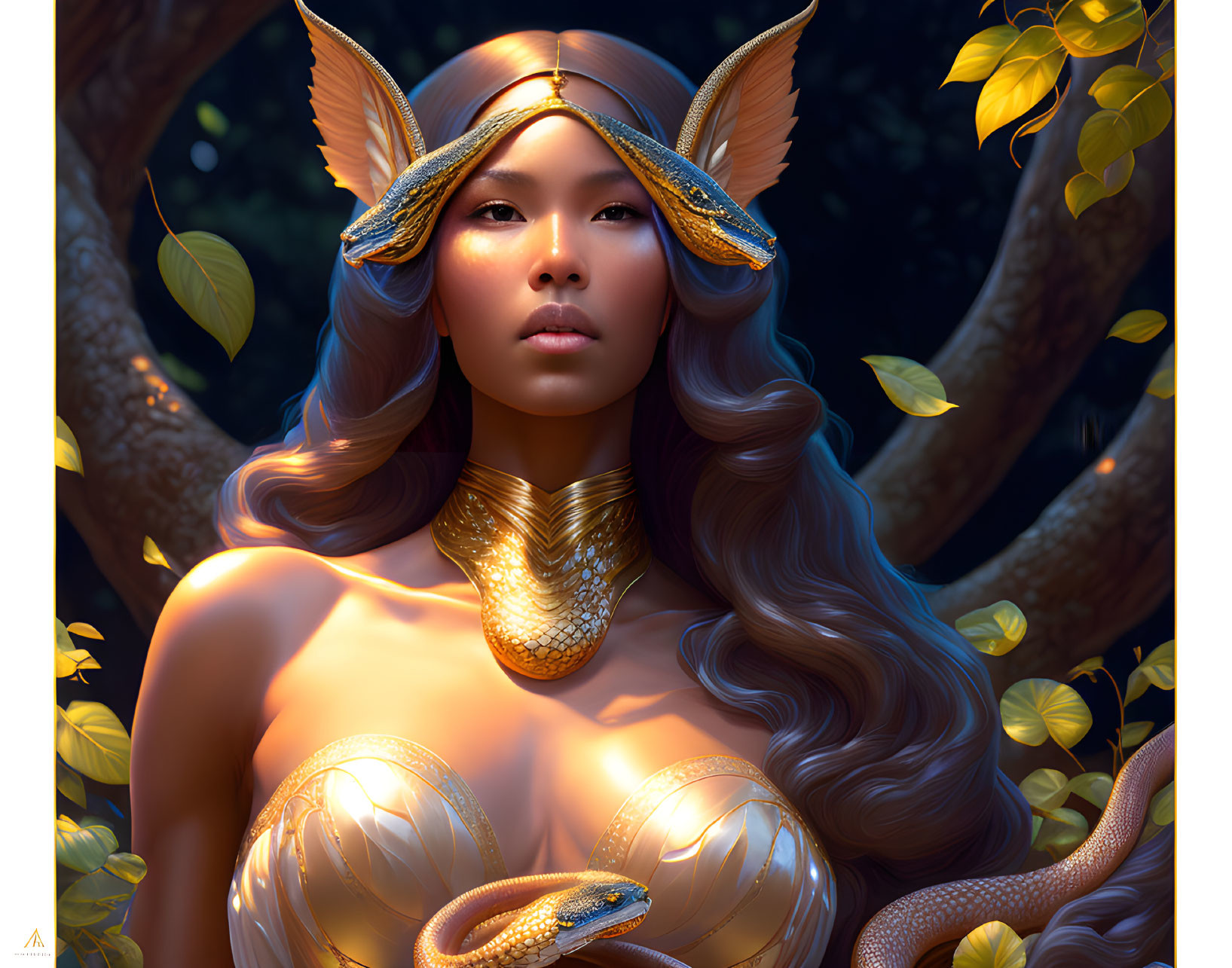 Fantasy portrait of woman with elf-like ears in gold armor and snake motifs surrounded by golden leaves