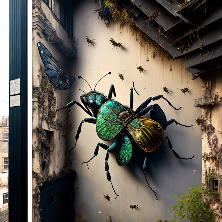 Realistic 3D mural of giant bee and insects on urban wall