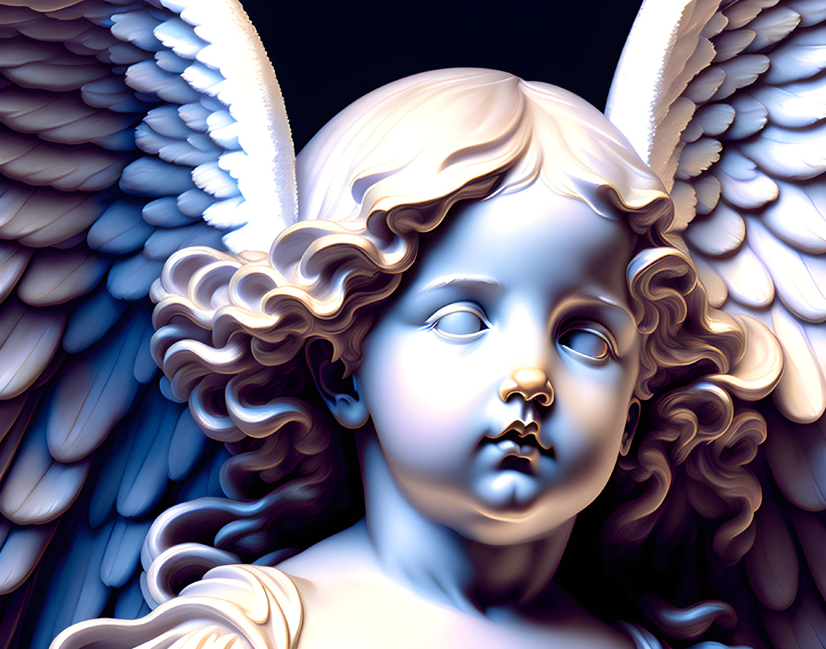 Cherubic figure with curly hair and feathered wings on dark background