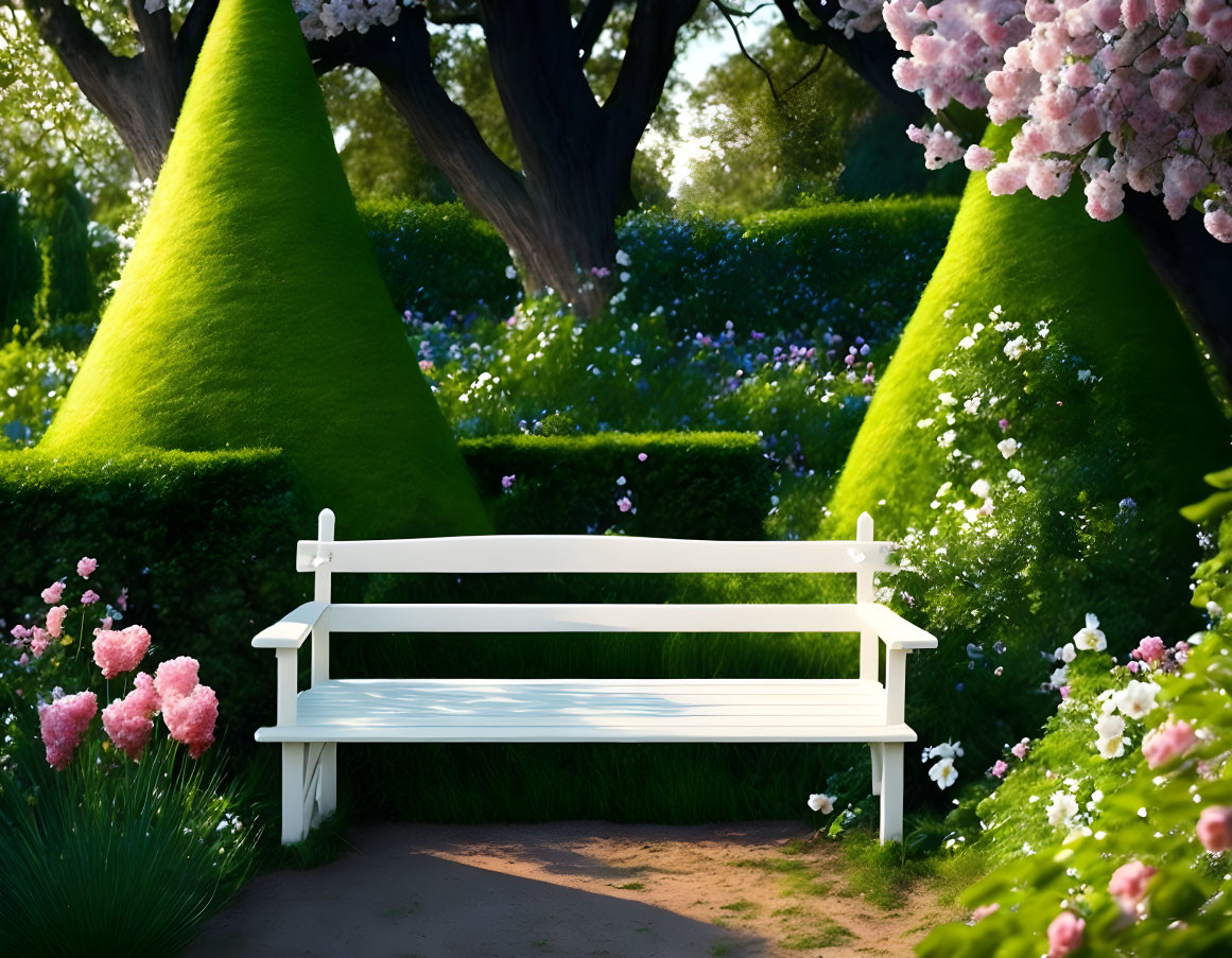 Tranquil garden with white bench, green hedges, and vibrant flowers