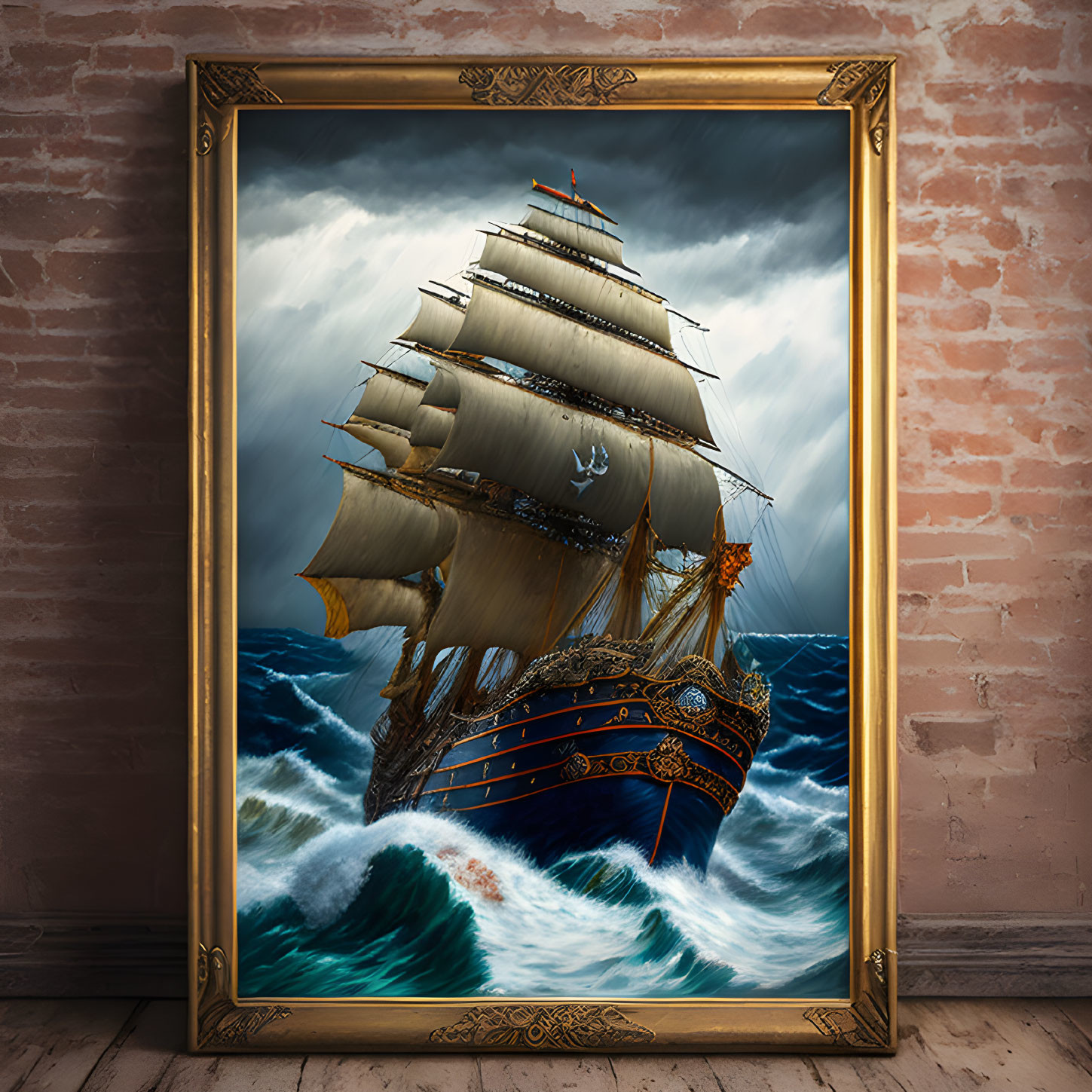 Framed painting of sailing ship on brick wall