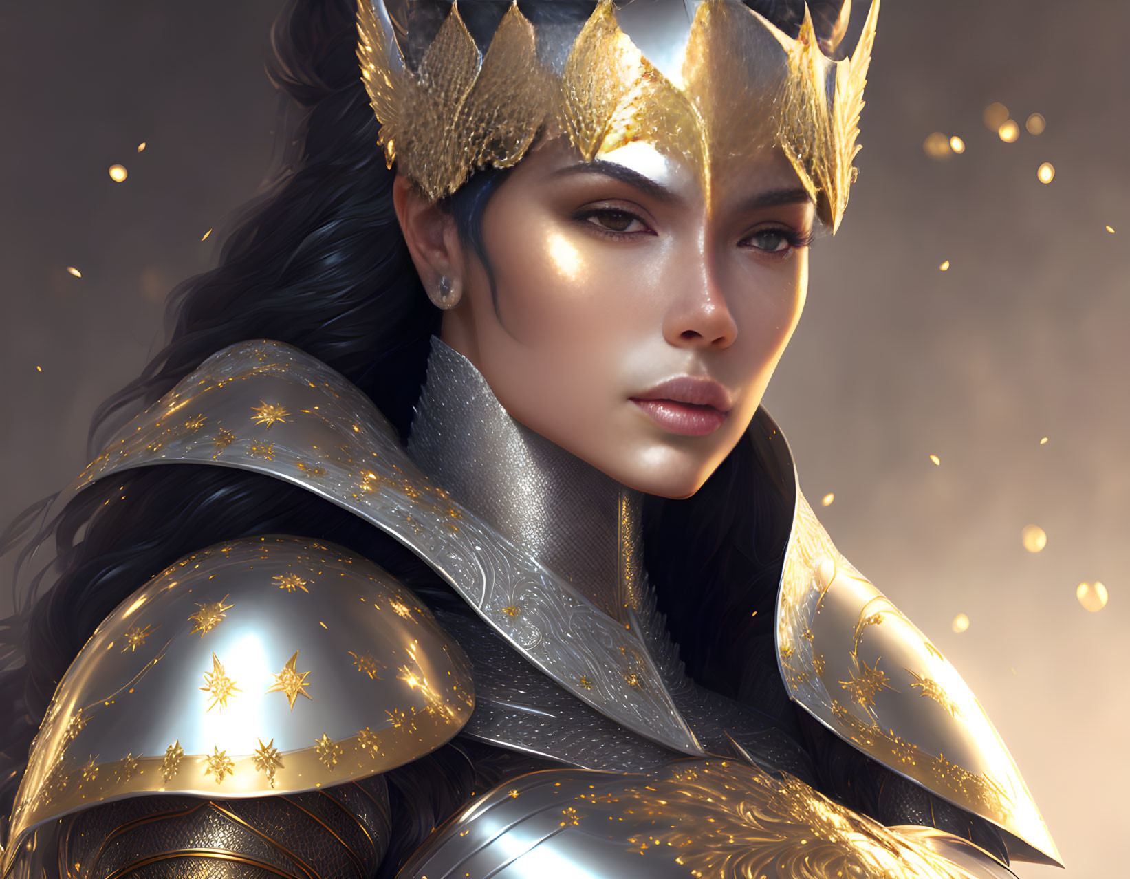 Digital portrait of a woman with gold crown and star-adorned armor on warm backdrop