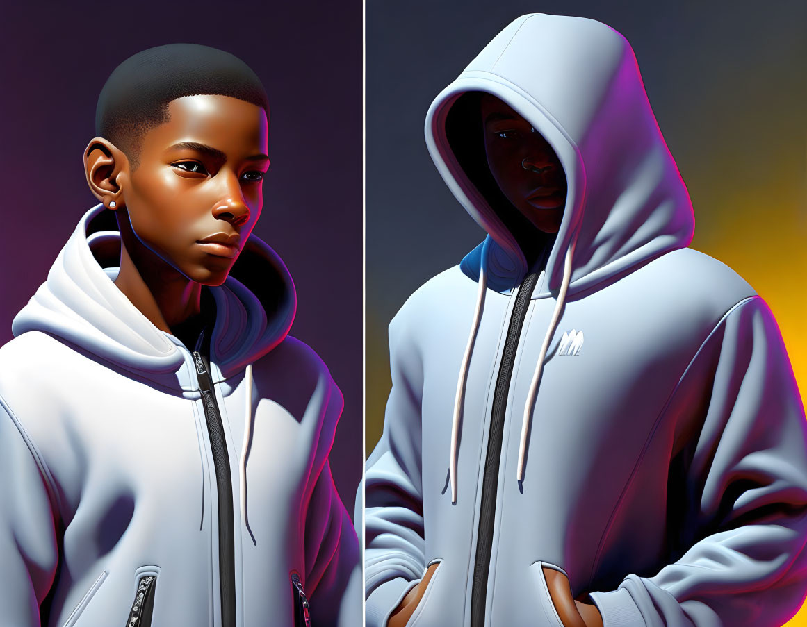Stylized digital artwork: Young male in white hoodie with two poses