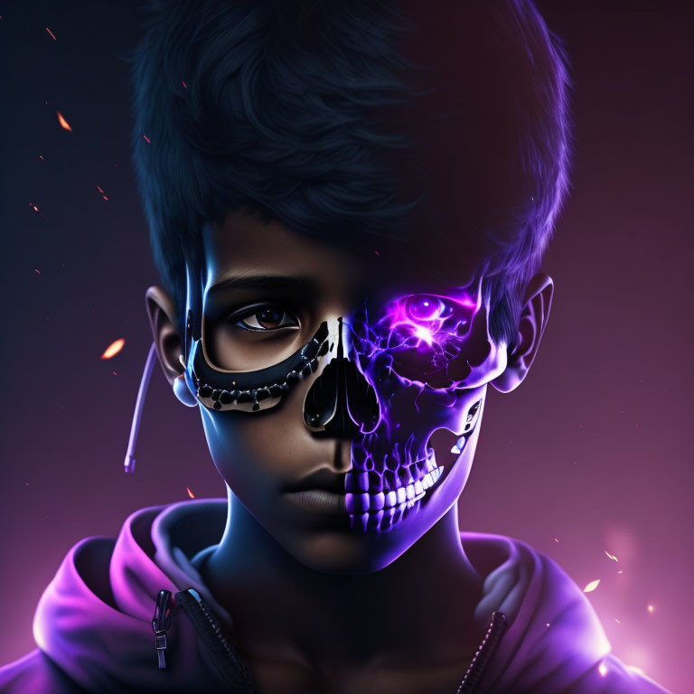 Boy with glowing purple skull on half face in digital art